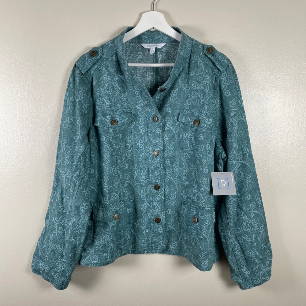 Relativity Women's XL Linen Utility Jacket Tonal Green Scroll‎ Print NEW